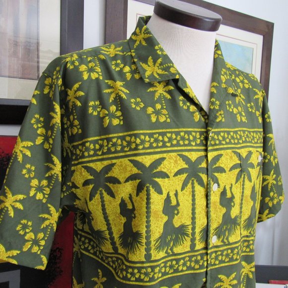 Vintage Ocean Pacific OP Hawaiian Shirt Green Palm Trees Women Dancing Large EUC - Picture 7 of 15
